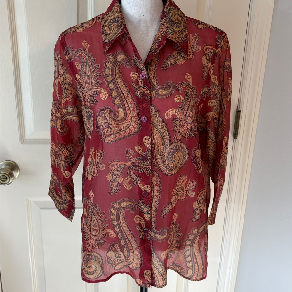 Rena Rowan 100% Silk Paisley Red Gold Button Down Semi-Sheer Blouse size 12P